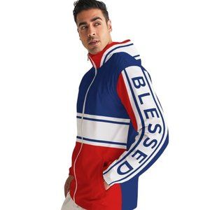 Uniquely You Mens Windbreaker with Hood / Red White Blue Blessed Print (size M)